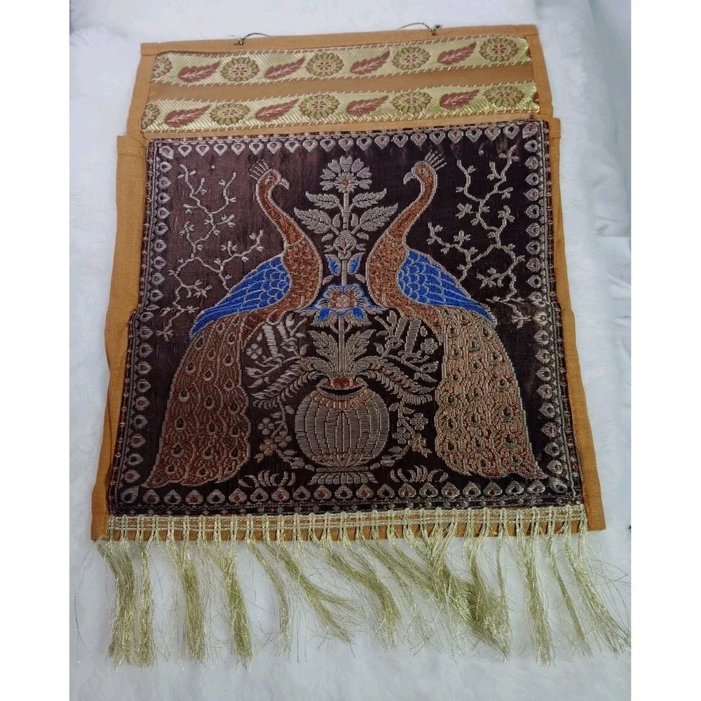 Vintage Peacock Woven Tapestry Wall Hanging Fringed Textile Boho India Pocket